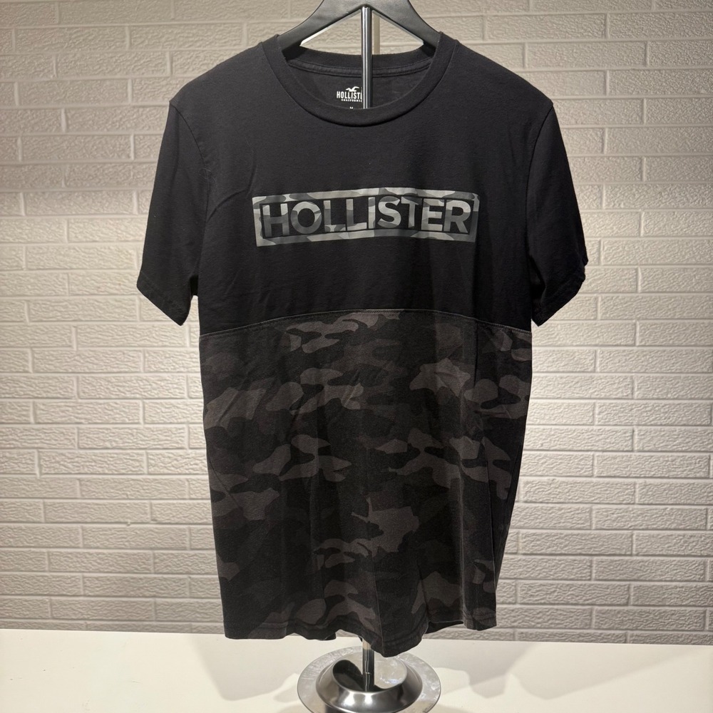 Hollister Mens T-Shirt Camo Logo Graphic Black Crew Neck Short Sleeve Tee